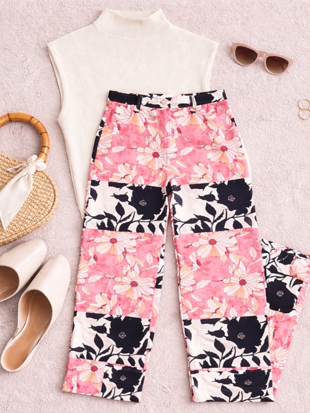 Isla & White Patchwork Floral Straight Leg Pants Resort Print Pink Black Medium